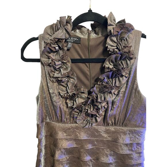 London Style Nights Evening Dress 10P Dark Tuape Ribbon Ruffle Wedding Event - Picture 5 of 16